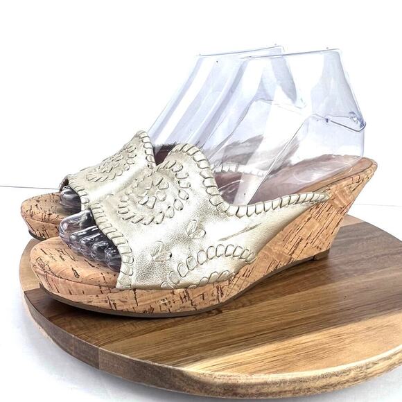 Jack Rogers Leather Gold Slip on Whipstitch Mid Stacked Cork Wedge Sandals 8 - Picture 1 of 10